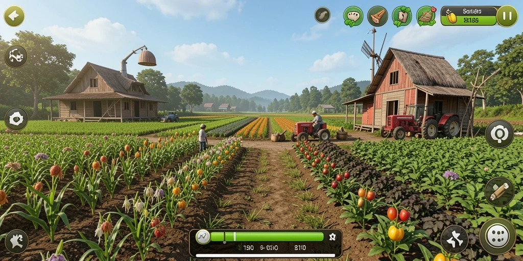 Screenshot gameplay 8180 menampilkan kebun yang hijau dan hewan ternak.