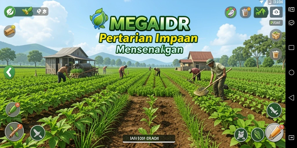 Screenshot gameplay <strong>MEGAIDR</strong> yang menunjukkan aktivitas bertani yang seru.