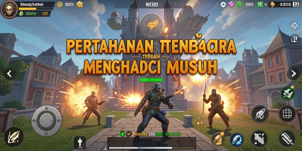 Tampilan gameplay NX303 yang mendebarkan dengan menara dan musuh.